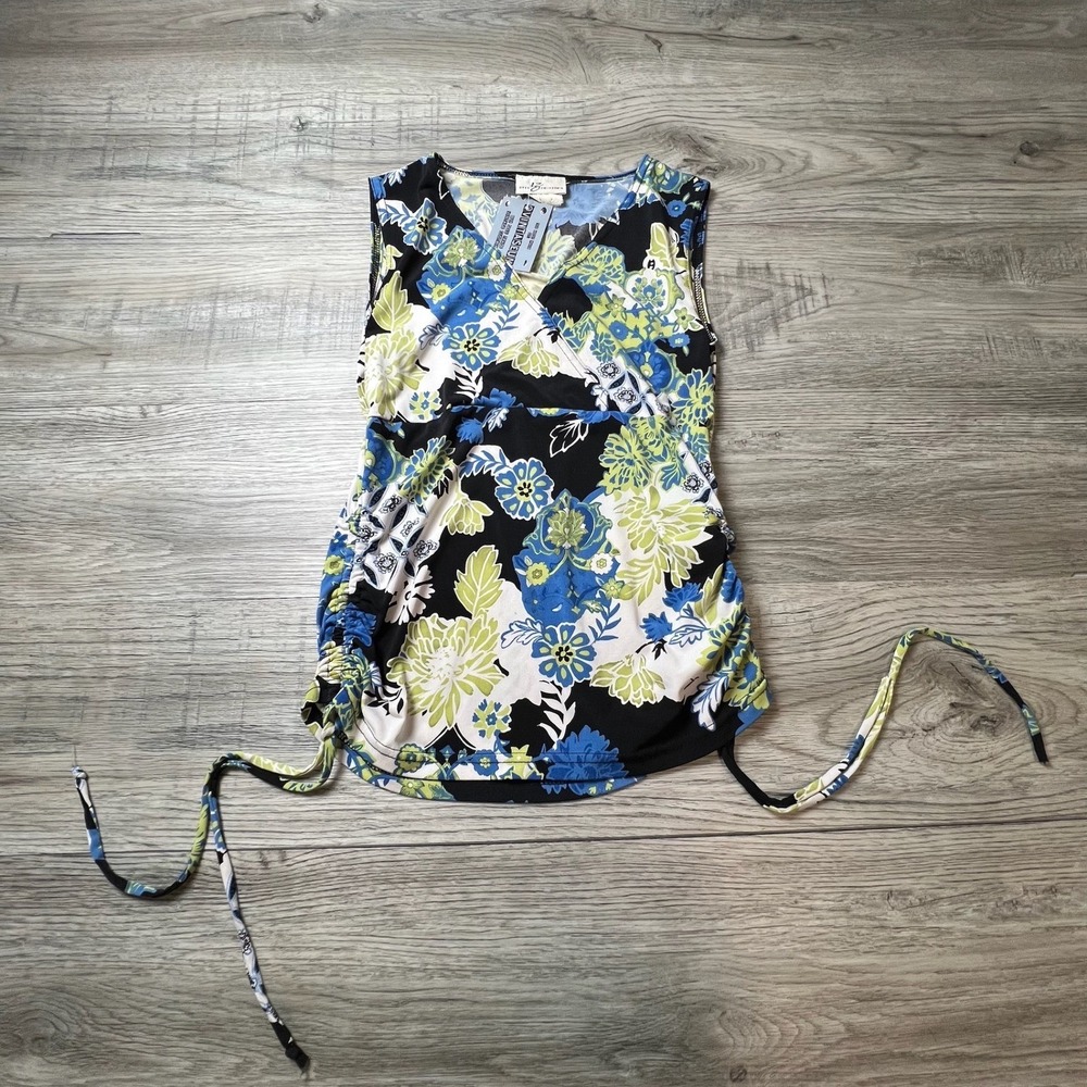 Byer California Floral Top Women Large Blue Green V-Neck Y2K Boho Sleeveless